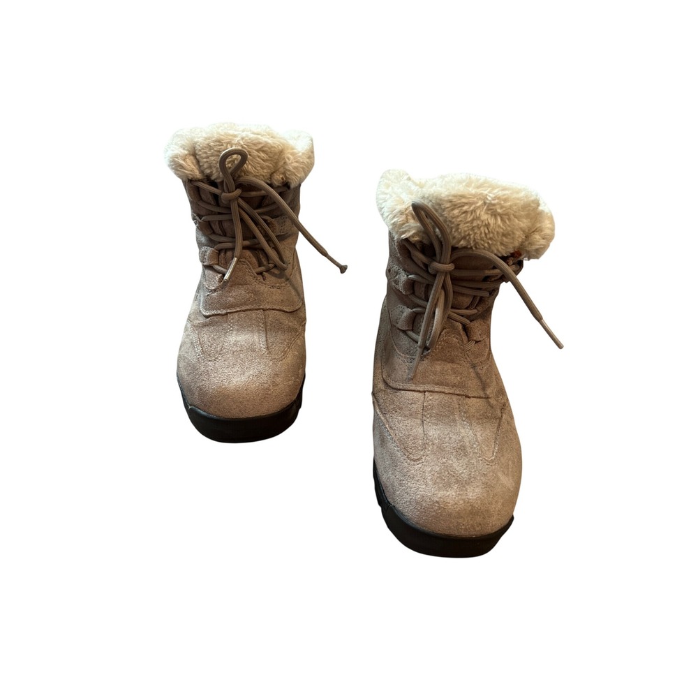 Sorel Women Taupe Suede Winter Boots Faux Fur Trim Lace Up Snow Boots Size 8